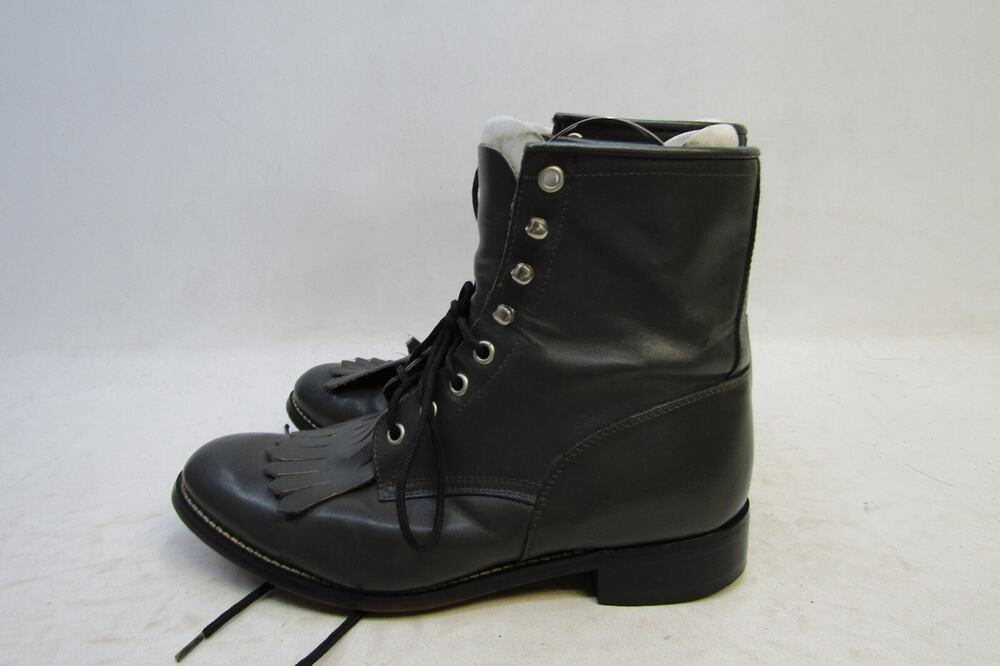 JUSTIN Mens Size 6 D Gray Leather Lace up Kilt Roper Western Cowboy Boots